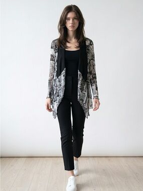 Black Gray Printed Open Front Cardigan Women’s Small Draped Lightweight Y2K